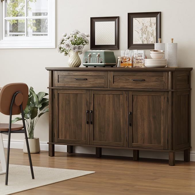 55 Inch Buffet Cabinet with Storage, Farmhouse Sideboard Buffet w/2 Drawers and 3 Doors, Wood Coffee Bar Cabinet with Adjustable Shelves, Sideboard Storage for Kitchen, Living Room, Walnut