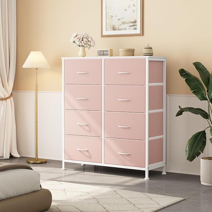 OLIXIS 8 Drawer Storage Dresser for Bedroom, Closet Organizers Units, Pink | Fabric Dresser with Wooden Top, Chest of Drawers Clothes Storage, Tower Cabinet, TV Stand Furniture