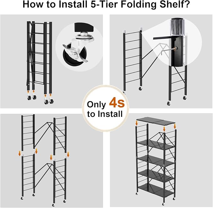 Himix 5-Tier Foldable Expandable Storage Shelves Wheels Kitchen 2-in-1 Rack