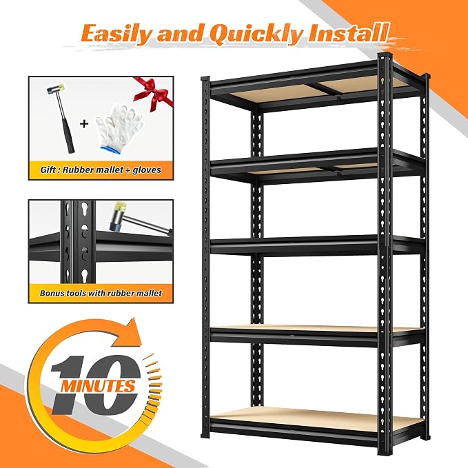 REIBII Set of 3 Storage Shelves 5 Tier Garage Shelving Heavy Duty Load 2000LBS, 60" H x 27.6" W x 11.8" D Adjustable Metal Shelving Unit, Utility Rack Shelf for Basement Pantry Shed Warehouse
