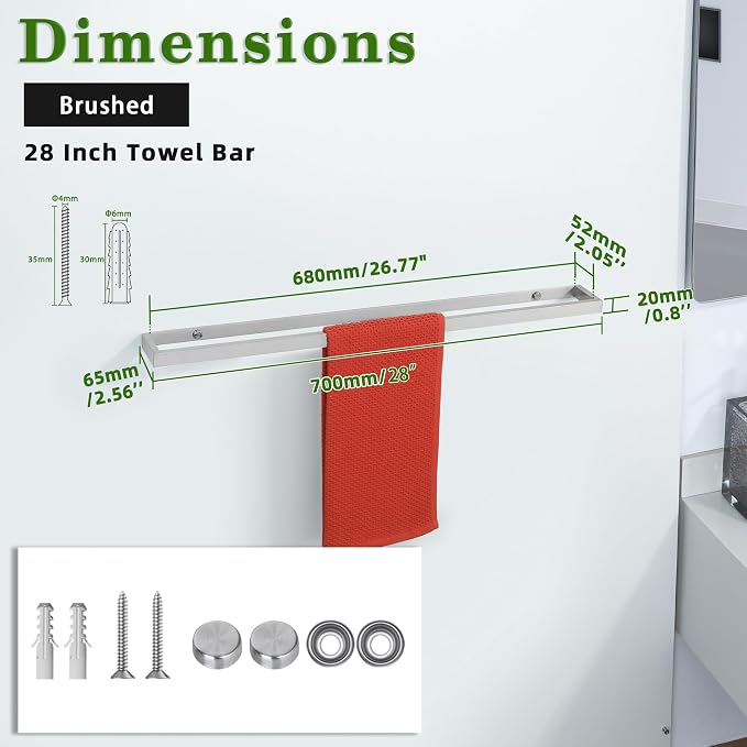 Alise 28 Inch Hand Towel Holder Towel Bar for Bathroom Wall Mounted,Brushed | Towel Hanger Towel Rack for Bathroom Lavatory,SUS304 Stainless Steel Towel Rail for Bath Kitchen, Non-adhesive Mount