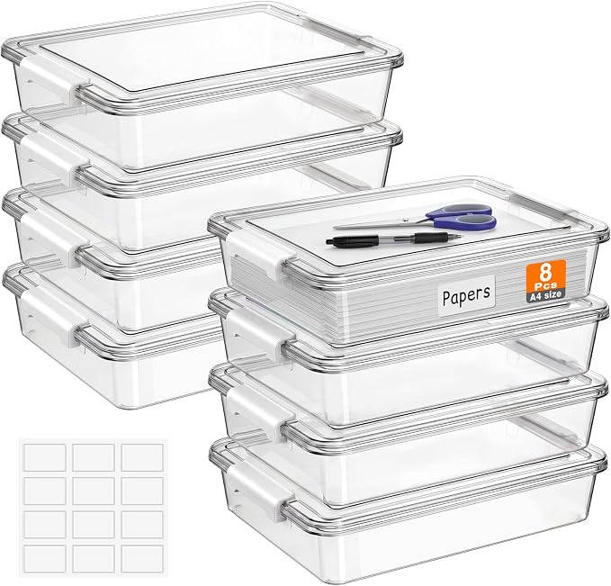 Fullhawl 8 Pcs Thickened Paper Storage Bin with Latching Lid, Label Clear Plastic Stackable Letter Size Tray Storage Container Arts Crafts Classroom Office Home Teacher Sorting (White)
