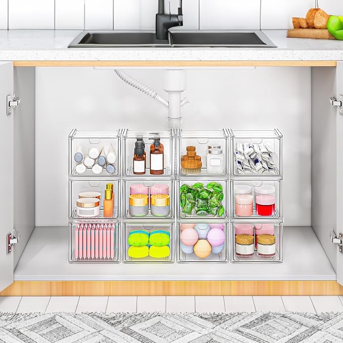 caktraie 6-Pack Stackable Acrylic Storage Drawers, Small | Smooth-glide drawers, stackable, clear body, dustproof, wipe clean, 6 small, for art tools, makeup, under sink, pantry
