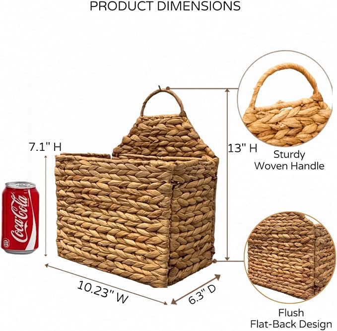Hanging Wall Basket - Flat Back Woven Storage Organizer for Mail, Books, and Magazines - Decorative Wall Hanging Basket Decor for Front Door, Entryway, and Farmhouse Home Decor, Beige