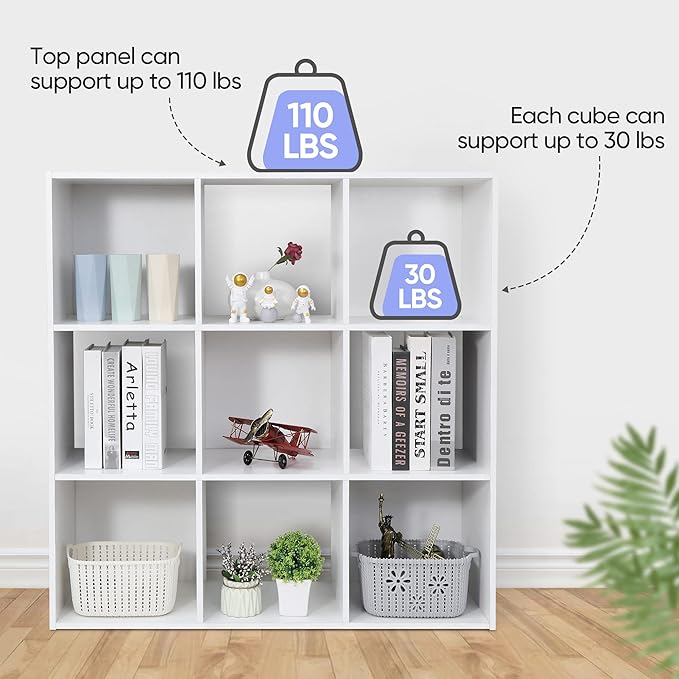 SUPER DEAL 9 Cube Storage Organizer 11 inch Cube Storage Shelf 3 x 3 Wood Bookcase Display Bookshelf with 5 Removable Back Panels for Kids Children Home, Office, Bedroom, Living Room, White