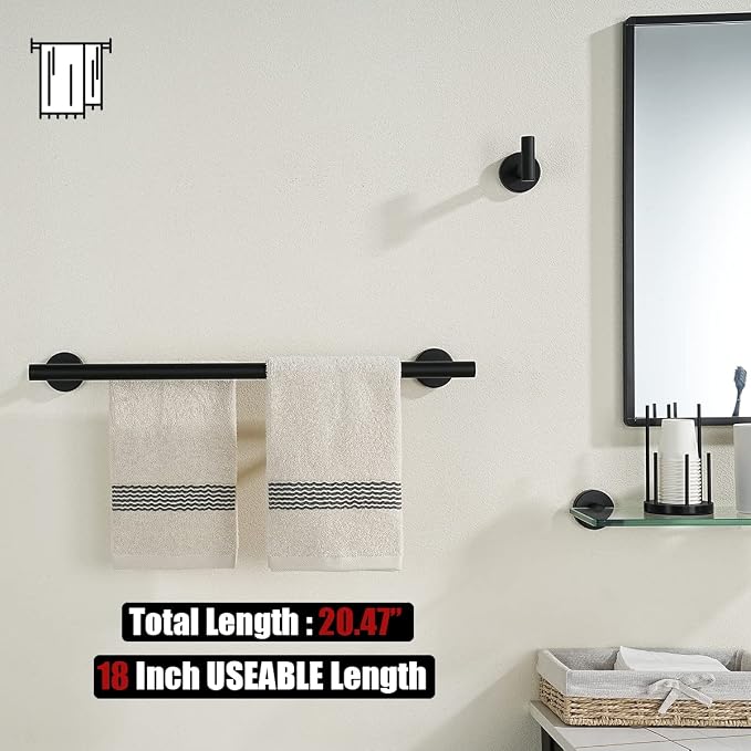JQK Black Double Towel Bar, 20.5 Inch 304 Stainless Steel Thicken 0.8mm Towel Rack Bathroom, Towel Holder Matte Black Wall Mount, Useable Length 18 Inch, TB100L18-PB