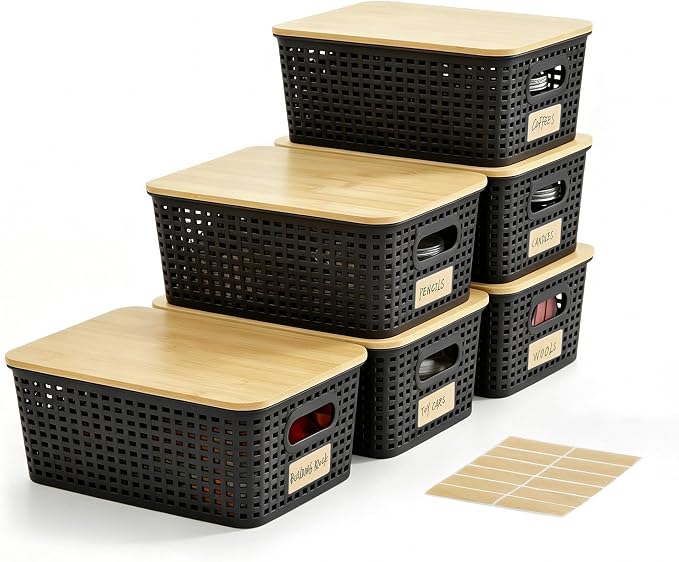 Bagnizer Small Plastic Storage Bins with Bamboo Lids 5.2qt Stackable Box Basket Pantry Decorative Containers Cute with Lable for Organizing Desktop Closet Office Black of 6 packs 10 * 7.2 * 4.1"
