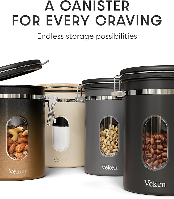 Veken Coffee Canister with Window,Airtight Stainless Steel Kitchen Food Storage Container, Date Tracker & Scoop for Grounds Coffee, Beans, Tea,Flour,Cereal,Sugar,22OZ,Copper (Pack of 2)