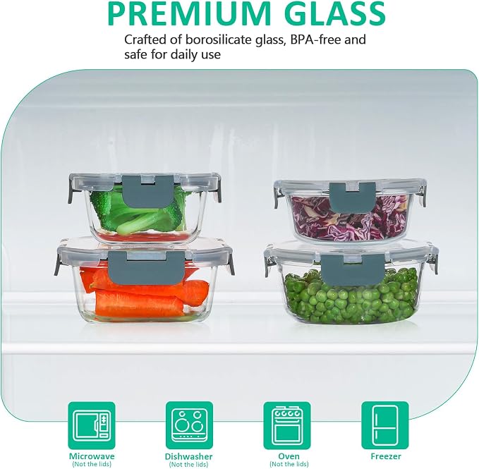 24 Pieces Glass Food Storage Containers Set, Gray | Meal Prep Containers, BPA-Free, Airtight Glass Storage Containers with Lids,Freezer, Microwave and Oven Safe