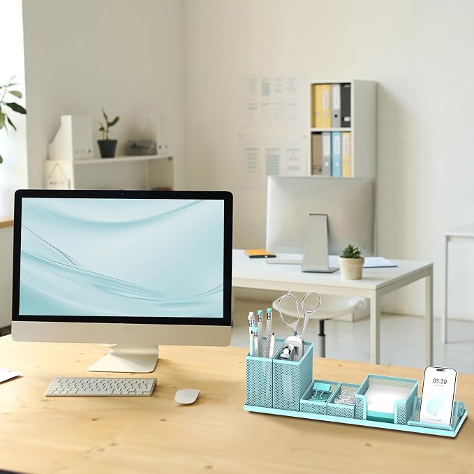 Pen Holder for Desk, 6-Piece Mesh Desk Organizer with Phone Holder, Blue | 6-Piece Black Mesh Desk Set Includes Pen Cups, a Sticky Note Caddy and Phone Holder for Office, School, Home