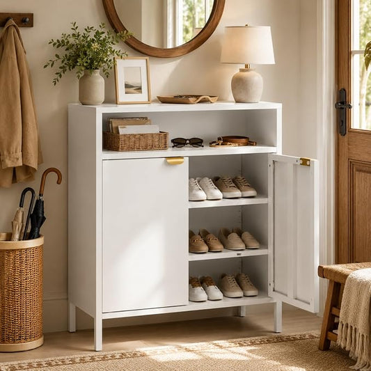 VINGLI Metal Shoe Cabinet, White Entryway Shoe Storage Cabinet with 2 Doors and Open Shelf, 31.5" Waterproof Metal Shoe Rack Organizer with Adjustable Shelves for Hallway, Entryway, Closet