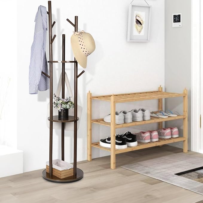 Wood Coat Rack Freestanding Rotary Coat tree with 3 Shelves and 9 Hooks | Heavy Duty Coat Rack Coat Hanger Stand for Entryway, Bedroom, Living Room – Holds Jackets, Coats, Hats, Bags (Walnut)