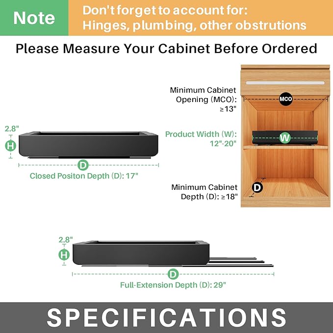 Kitstorack Pull out Cabinet Organizer, Expandable(12"-20") Heavy Duty Slide out Drawer Fixed with Adhesive Nano Film for Pots, Roll out Shelf Storage for Kitchen Base Organization(2-Pack)