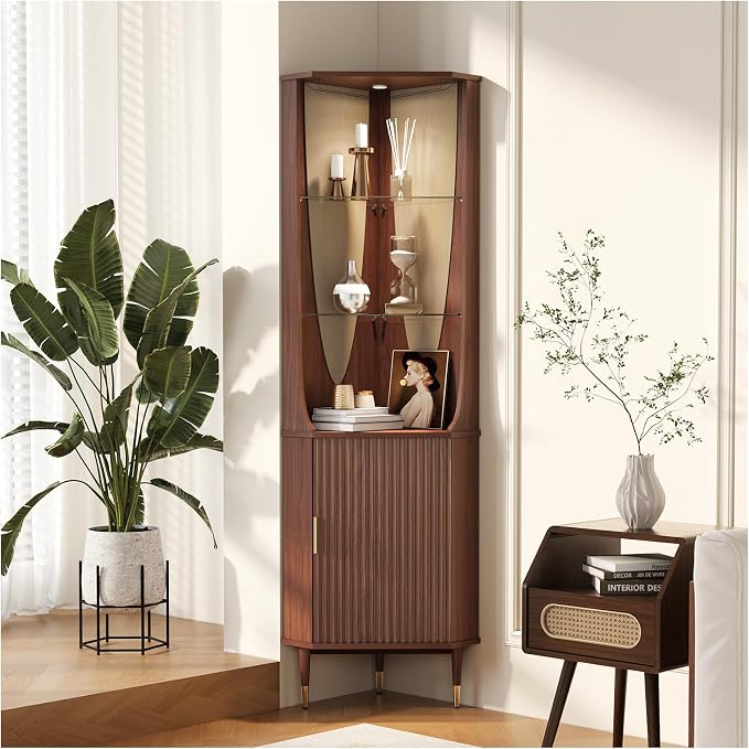 JOINICE Tall Corner Bar Cabinet for Liquor,Mid-Century Modern,Walnut,70" | Fluted Door,Glass Shelves,Wine Cabinet with Led for Living Room, Kitchen,Dining Room,Easy Assembly,for Small Apartment