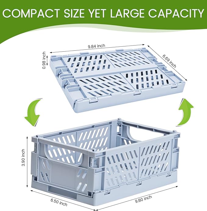 HUUSMOT 2-Pack Collapsible Plastic Storage Baskets, Blue, 9.8"x6.5"x3.8" | Pastel, Space-Saving, Collapsible Plastic Bins, Cute Mini Storage Crates, for Classroom, Kitchen, Office, Bedroom