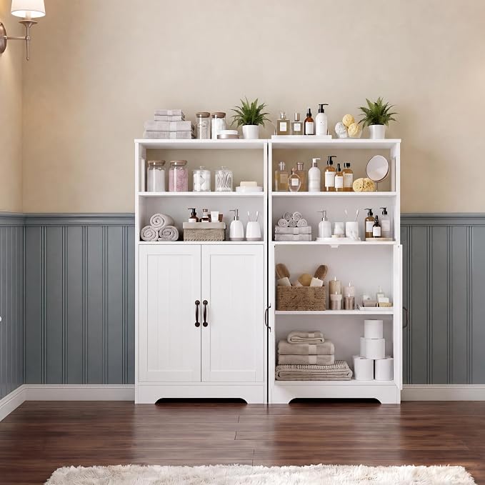 GRUSIGN 43.3" H Bathroom Storage Cabinet with Doors, Freestanding Small Bathroom Cabinet Organizer, Farmhouse Cupboard, Adjustable Shelves, for Laundry Room, Kitchen, Living Room, White
