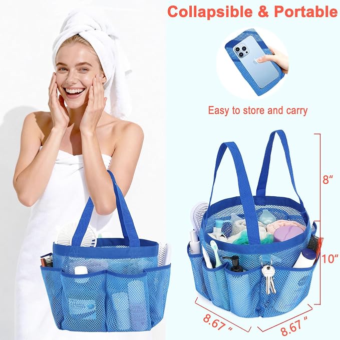 Fammart Mesh Shower Caddy Portable for College Dorm Room Essentials, Odorless Polyester Large Shower Tote Bag with Dual Handles, 8-Pocket Quick-Dry Toiletry Organizer for Travel, Beach, Camping, Gym
