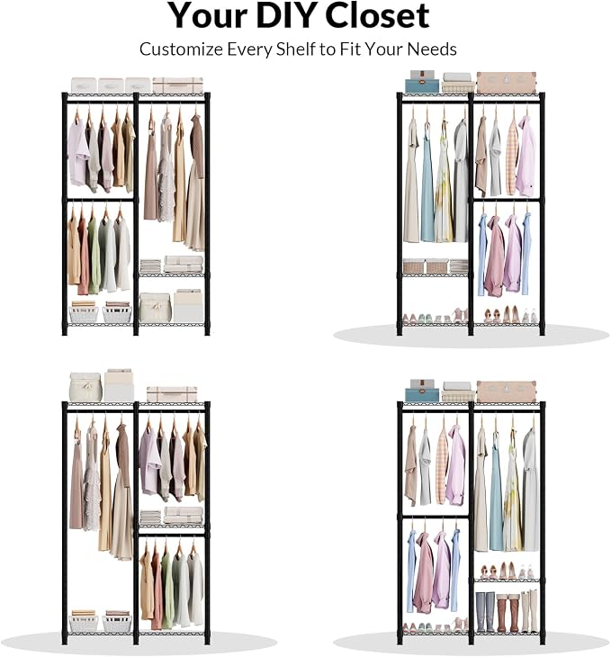 Heavy Duty Clothes Rack, 3 Tiers Sturdy Metal Clothing Rack with Hanger Rods & Shelves, Portable Closet Rack for Bedroom 45" W × 16" D × 76" H, Garment Rack Holds 450lb, Easy Assembly&Storage