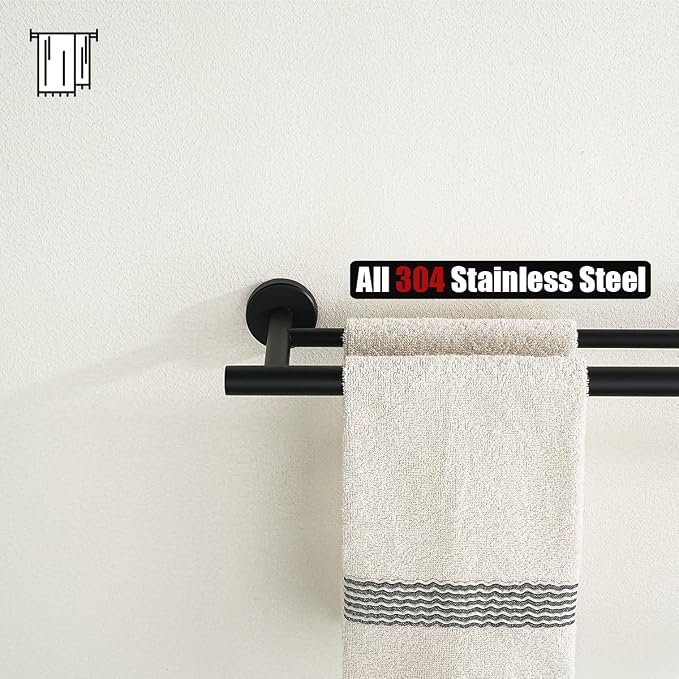 JQK Double Towel Bar 27 Inch, Matte Black Useable Length 24 Inch 304 Stainless Steel Thicken 0.8mm Bath Towel Rack for Bathroom, Towel Holder Wall Mount 2 Pack, TB100L24-PB-P2
