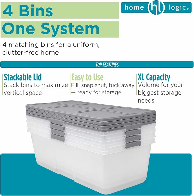 Home Logic 100 Qt Latched Storage Bin with Lid, Stackable Plastic Storage Container, Organizer for Home, Garage & Closet, 4 Pack, Gray