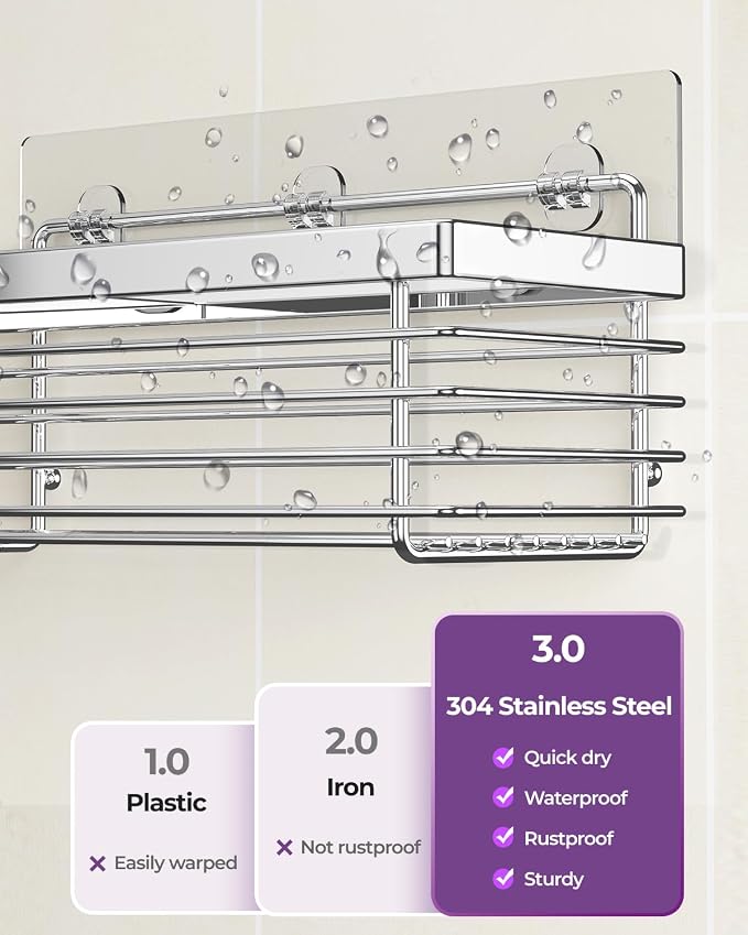 Shower Caddy Adhesive 3 Pack Stainless Steel Storage Organizers-Silver | No drilling wall mounted,rust-resistant,large capacity,quick drainage,easy to clean,suitable for bathrooms and kitchens