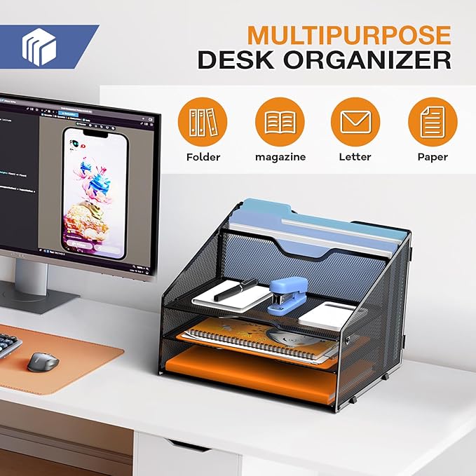 GAWERK Letter Tray Organizer, Mesh Desk File Organizer with 3 Paper Trays and 2 Vertical Upright Section (Purple)