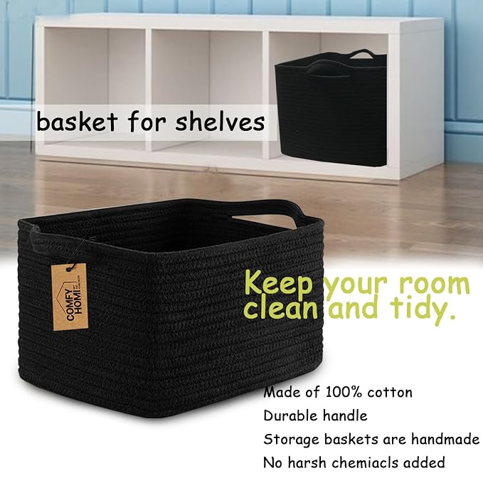 COMFY-HOMI Cotton Rope Woven Basket with Handles for Shelves,Toys,Book, Cloth Storage Baskets Bin for Organizing- 1 PCSToy Decorative Organizer for Living Room, Bathroom