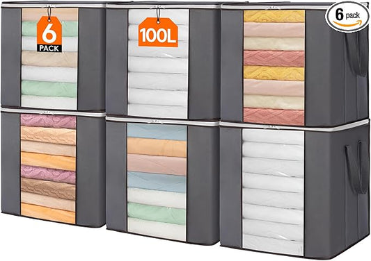 Lifewit 100L Extra Large Blanket Storage Bags, Foldable Comforter Storage with Reinforced Handles, Clothes Storage Containers for King Comforter, Bedding, Pillow, Sheet, Storage Bin with Lids 6 Pack