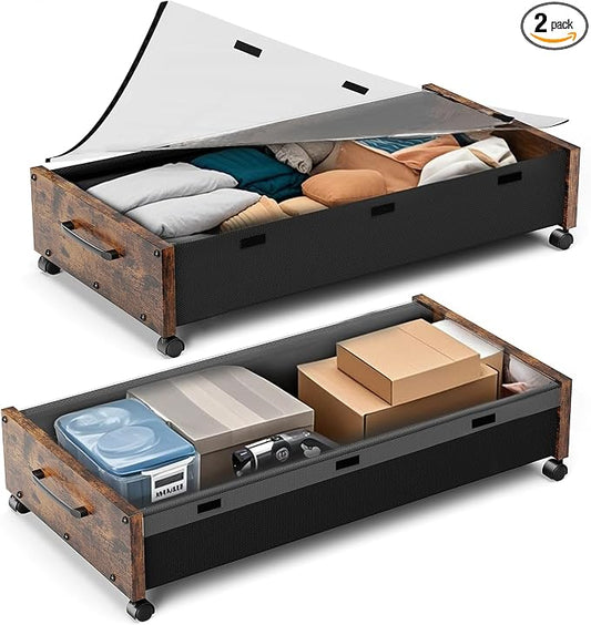 KITHELP Wooden Under Bed Storage with Wheels, 80L Extra-large Rolling Under the Bed Storage Bins 2 Pack with Removable Lid, Upgrade Metal Under Bed Drawers for Clothes Shoes Blankets in Bedroom