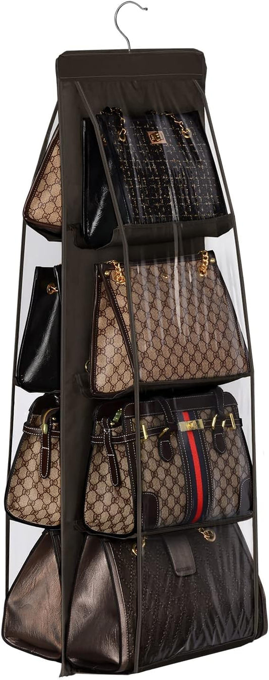 Lirex Handbag Hanging Purse Organizer for Closet, 8 Pocket Handbag Storage Organizer Hanger Oxford Cloth Closet Organizer for Family Closet Bedroom, Foldable and Universal Fit, Dark Brown