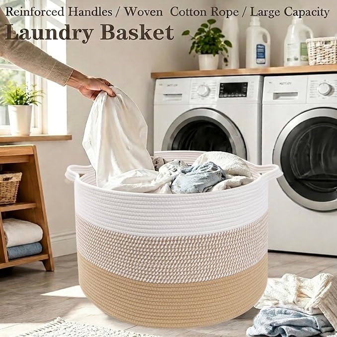 115L Large Blanket Basket,Rope Woven Laundry Basket-Yellow | Collapsible, reinforced handles, nursery storage bin organizes clothes, toys and pillows for living room, bedroom bathroom