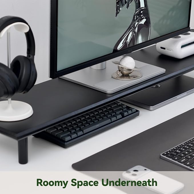 Bamboo Dual Monitor Stand Riser, Black Desk Shelf with Storage | 39.37-Inch Wide, 3.5-Inch Clearance, Fits Keyboards, Soundbars and Two 24-Inch Monitors for Home Office