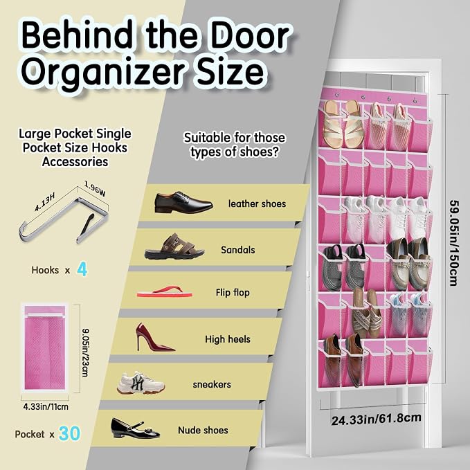Kotkn Over the Door Shoe Organizer with 30 Breathable Mesh Pockets - Large Capacity Closet Storage for Men & Women, Hanging Shoe Rack Organizer (Pink)