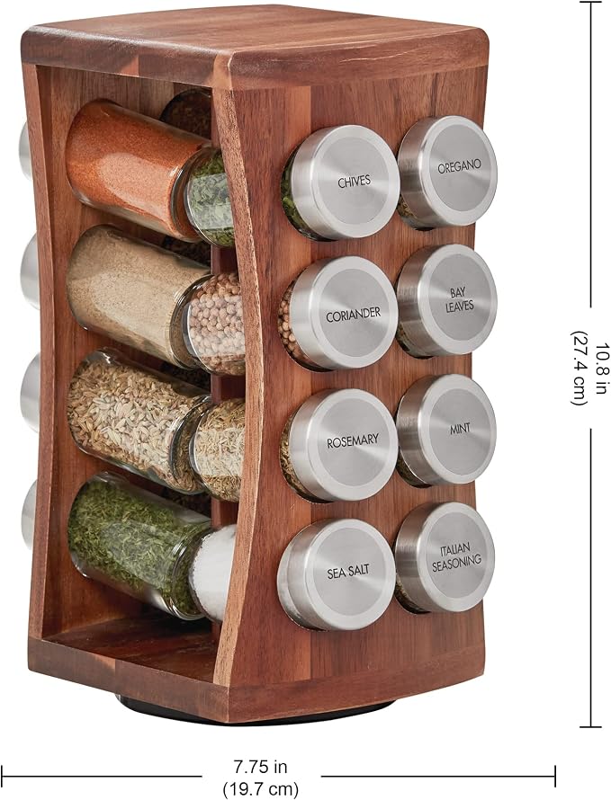 Kamenstein 16 Jar Hourglass Revolving Countertop Spice Rack with Spices Included, FREE Spice Refills for 5 years, Acacia with Stainless Steel Caps