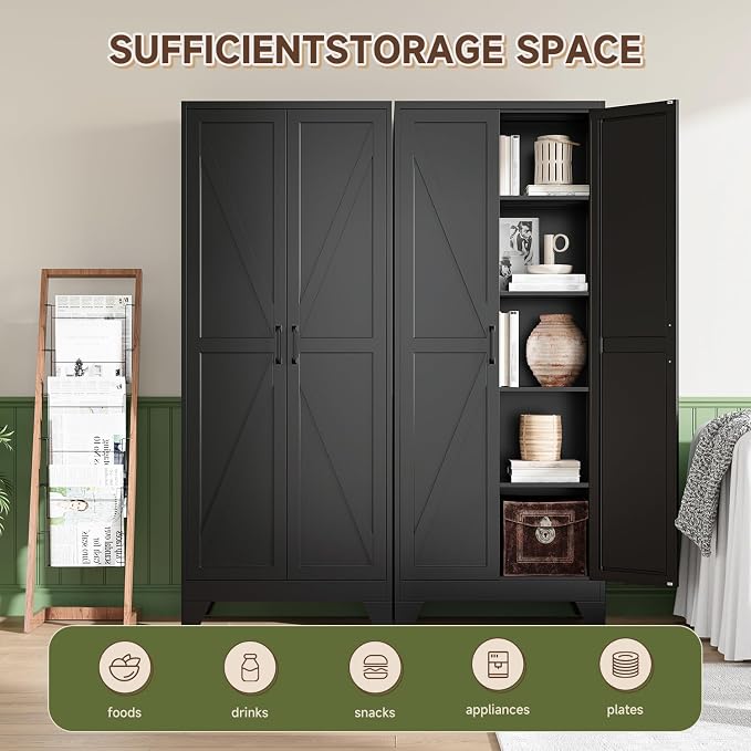 Letaya 75" H Metal Storage Cabinet with 2 Doors and 4 Shelves,Tall Kitchen Pantry Cabinets,Farmhouse Utility Pantry Organizers for Cupboard/Dining/Bathroom/Home Office/Garage Room,Black