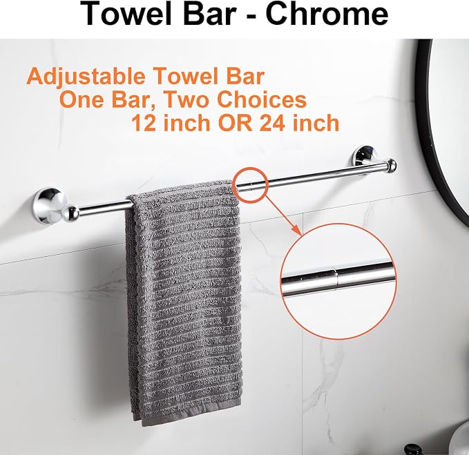 BGL Bathroom Hardware Set, Chrome Adjustable Expandable Towel Bar 4-Piece Bathroom Accessory Set Wall Mounted Robe Hook Toilet Paper Holder Towel Ring Towel Bar