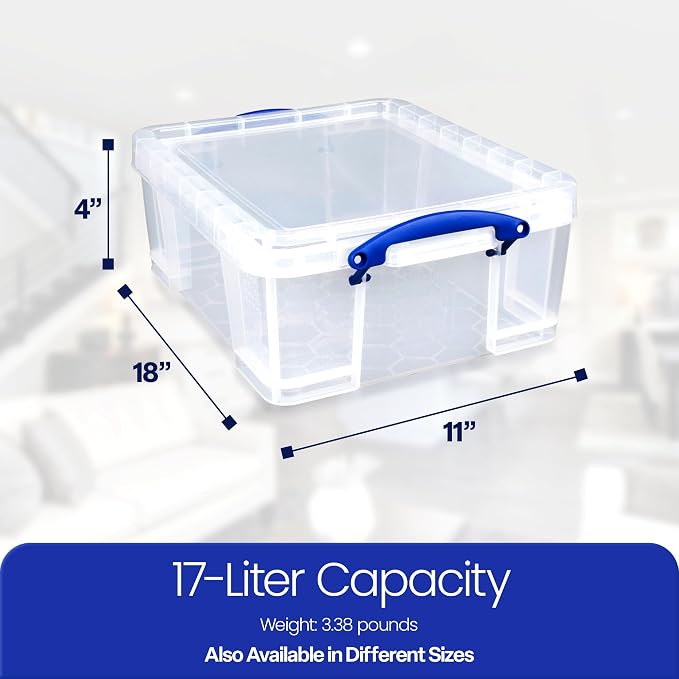 Really Useful Box 2 Pack 17L Plastic Storage Bins with Snap Lids and Clip Lock, Clear