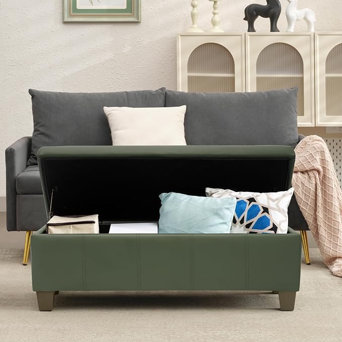 41" Storage Ottoman, Storage Bench with Safety Hinge, Upholstered Synthetic Leather Ottoman Bench for Bedroom, Living Room, Entryway, Hallway, Foot Rest, Support 500lbs