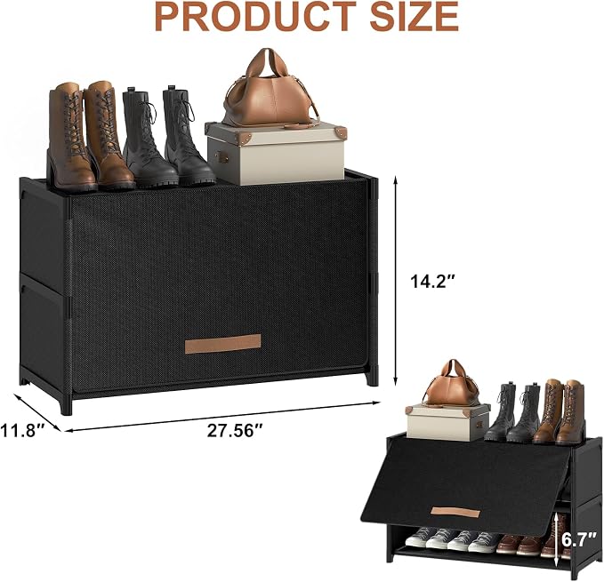 3 Tier Shoe Cabinet with Door, 12-Pair Storage, Black | Compact for small closets. Holds heels, sneakers, boots. Door for dust/pet protection. Quick easy setup.