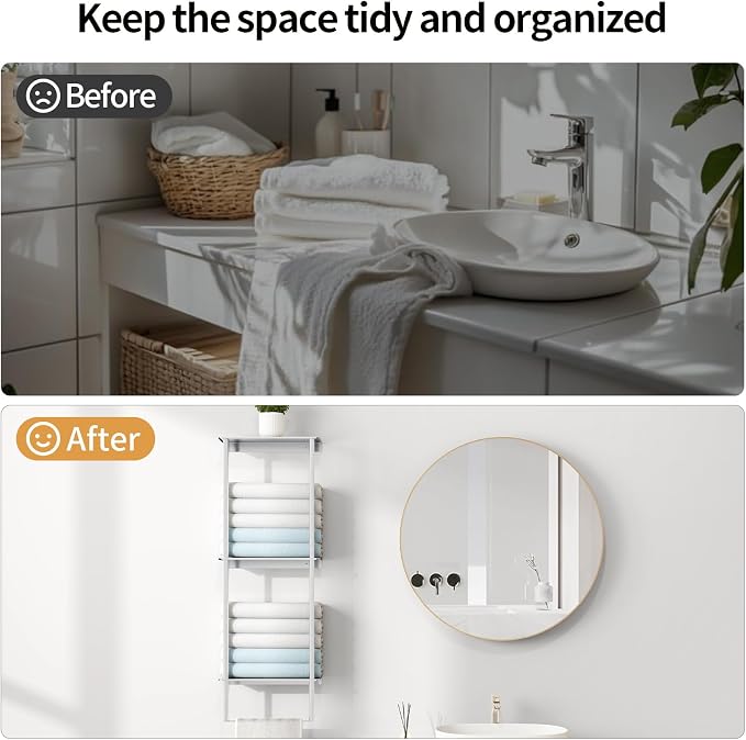 Bethom Towel Racks for Bathroom, 3Tier Towel Storage Rack, Brushed Nickel | Towel Rack for Bathroom with Shelf & Towel Bar, SUS304 Stainless Steel Rustproof, Easy to Install, Keeps Towels Tidy