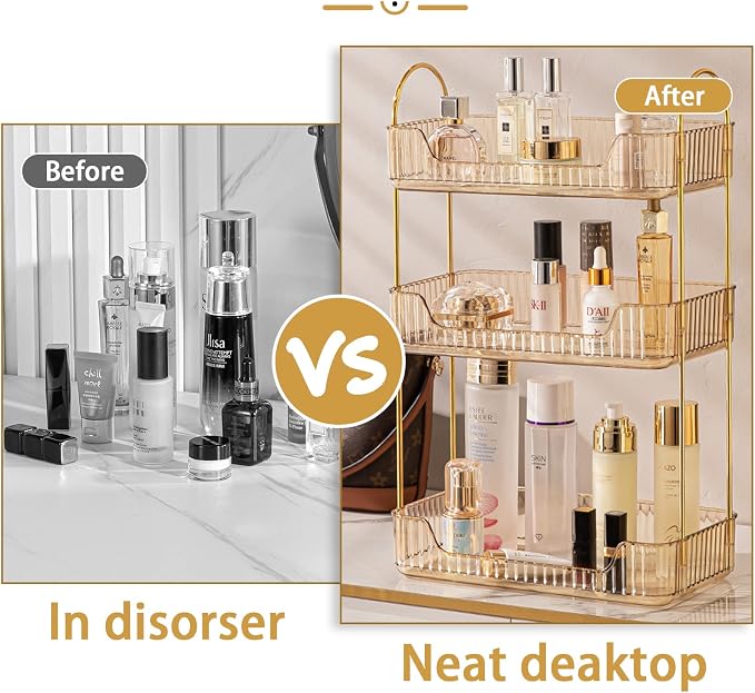 3 Tier Bathroom Counter Organizer Countertop Storage, Cosmetics Skincare Shelf Organizer, Makeup Organizer Perfume for Dresser Vanity Tray, Spice Rack Organizer for Kitchen - Gold