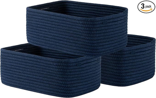 KALLAX Small Woven Storage Basket for Organizing, 13.5x9.5x5 inches, 3 Pack | Shelf baskets for closet organization, toy storage and home decor, Perfect as empty gift baskets for holidays, Navy Blue