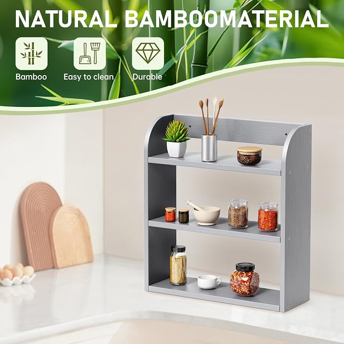 ROMGUAR CRAFT 3 Tier Bamboo Spice Rack, Countertop or Wall Mounting Wood Spice Jars Organizer Shelf for Kitche, Pantry (Grey)