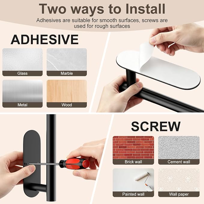 Paper Towel Holder, 2-Pack US304 Stainless Steel Wall Mount Rack, Self-Adhesive No Drilling, Rustproof Space Saving Under Cabinet Mount, Organizer for Kitchen, Bathroom, RV, Pantry (Black)