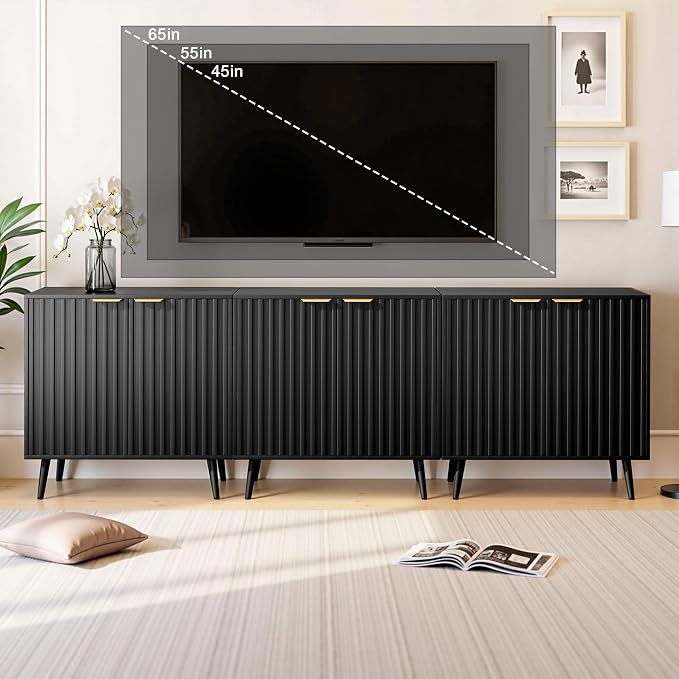 Set of 3 Fluted Storage Cabinet, Buffet Cabinet with Storage, Wood Sideboard with Adjustable Shelf, Modern Accent Cabinet & Console Table for Entryway, Living Room, Dining Room, Black