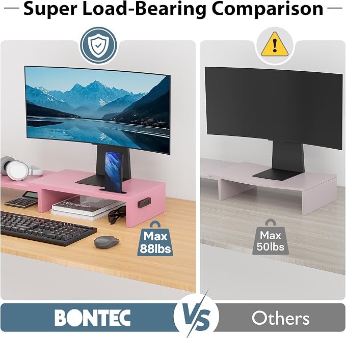 BONTEC Dual Monitor Stand Riser, Adjustable Length & Swivel Angle, Pink | Ergonomic Wooden Desktop Organizer with Smartphone Holder, Computer Monitor Stand for PC, Laptop, Printer and Large Storage