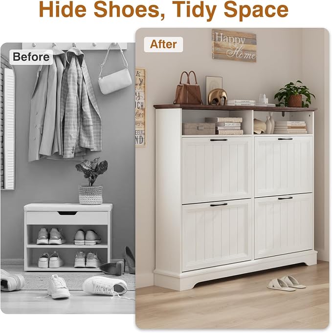 Hidden Shoe Storage Cabinet with 4 Flip Drawers & Open Storage | Farmhouse Modern Shoes Rack Cabinet,Adjustable Shelves ,Narrow Slim Shoe Organizer for Entryway,Foyer,Hallway,Antique White