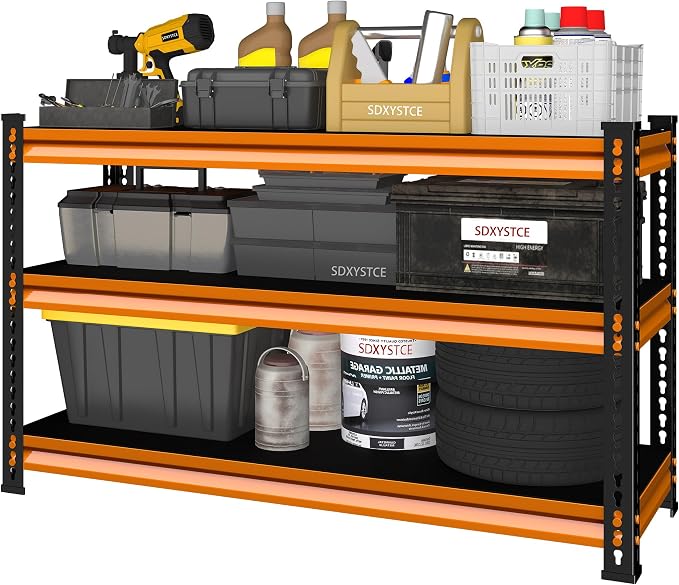 48" W Garage Shelving Heavy Duty, 1500LBS Loads Adjustable Garage Storage Shelves, 3-Tier Metal Shelving Units and Storage Racks, Industrial Utility Shelf,48" Wx18 Dx39 H, Orange