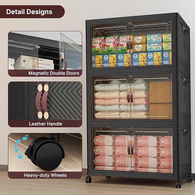 UAMFURI Stackable Storage Bins with Lids, 360QT Lockable Storage Cabinet | Folding Storage Box with Doors and Wheels, Collapsible Plastic Drawers for Home, Garage, Office