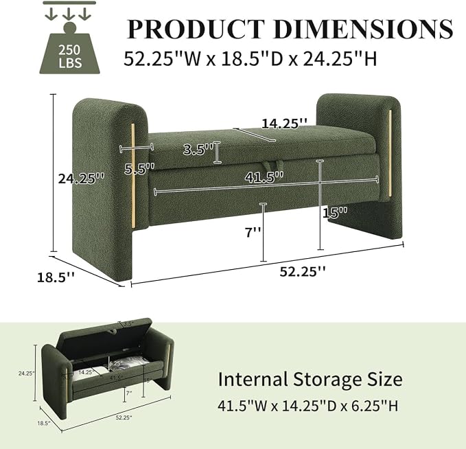 NIOIIKIT 52" Storage Ottoman Bench, Teddy Upholstered Storage Bench with Armrest, Entryway Bench with Pull-Ring, End of Bed Bench, Window Bench for Living Room (Olive Green)